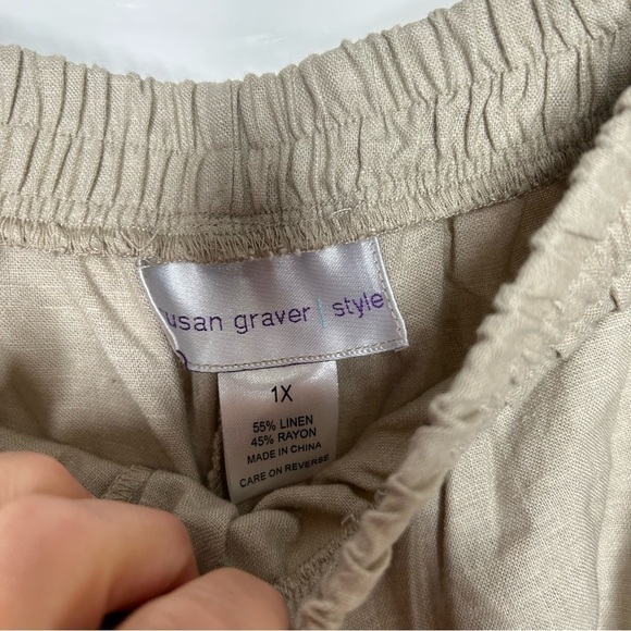 Susan Graver Women’s Linen Blend Pants Size 1X Tan Pockets Pull On - Picture 2 of 4
